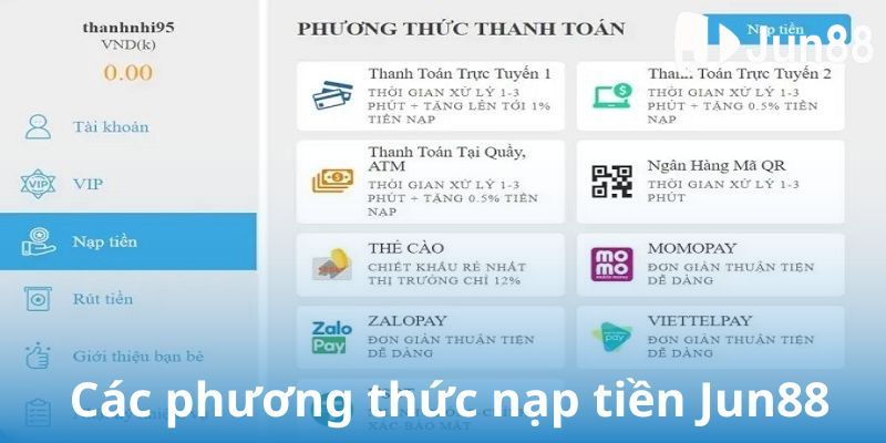 Các phương thức nạp tiền Jun88 dành cho người mới